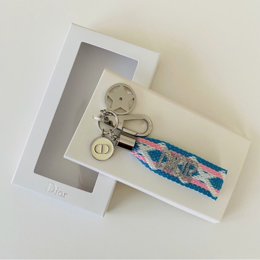 Brand New Dior Silver Tone Star Charm Logo Embroidery Key Chain